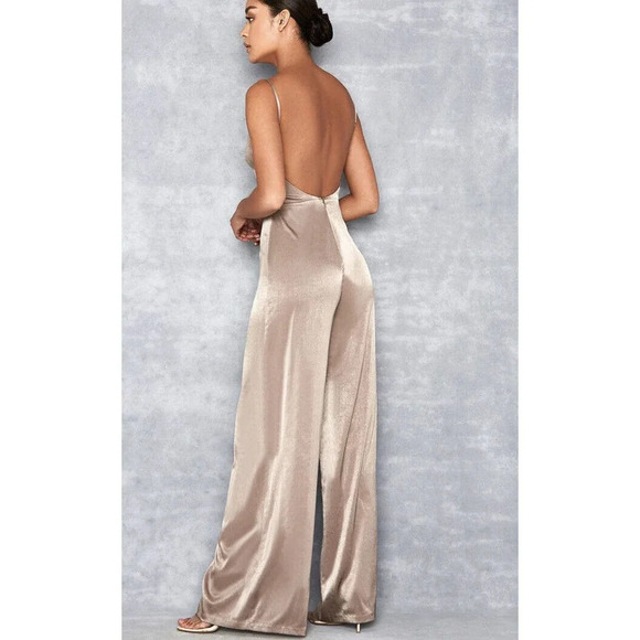 Mistress Rocks Serve It Jumpsuit Satin Sleeveless Wide Leg Khaki Size Small NEW - Picture 2 of 10